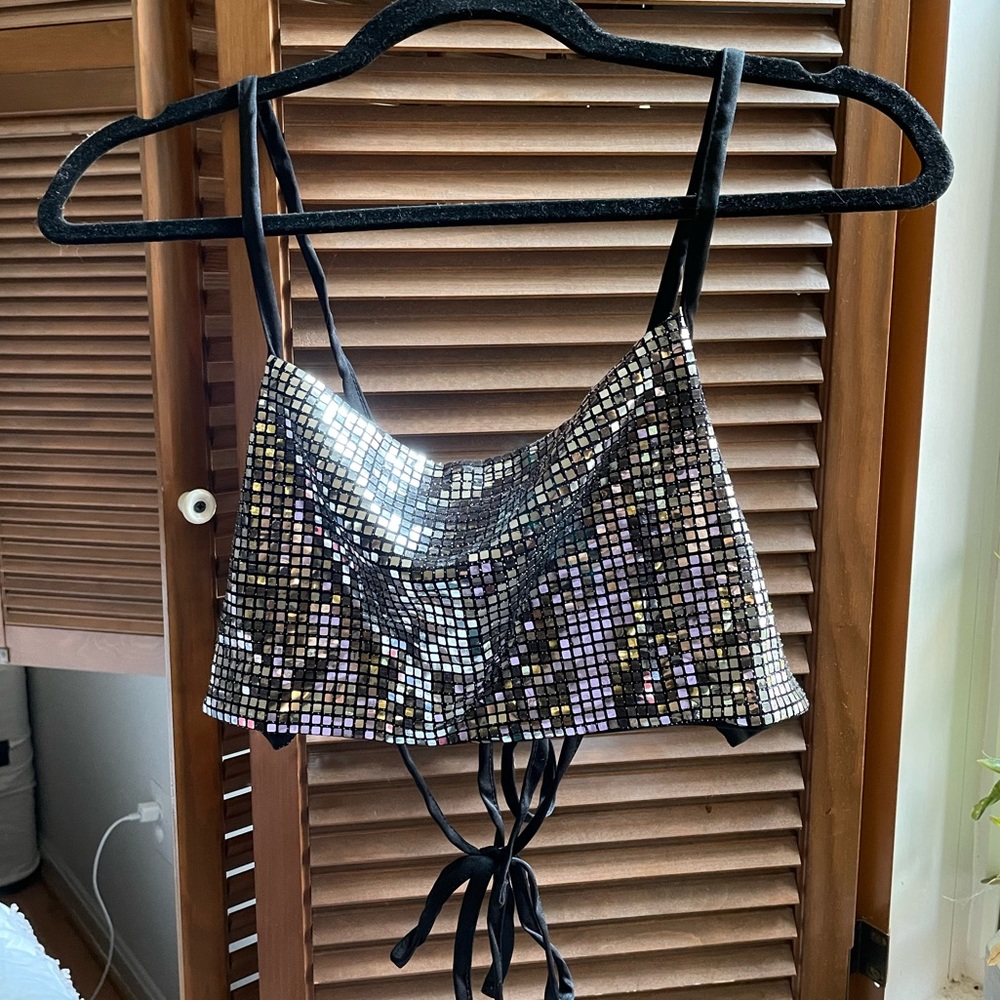 ASYOU square sequin tie back cami top in silver, US 6